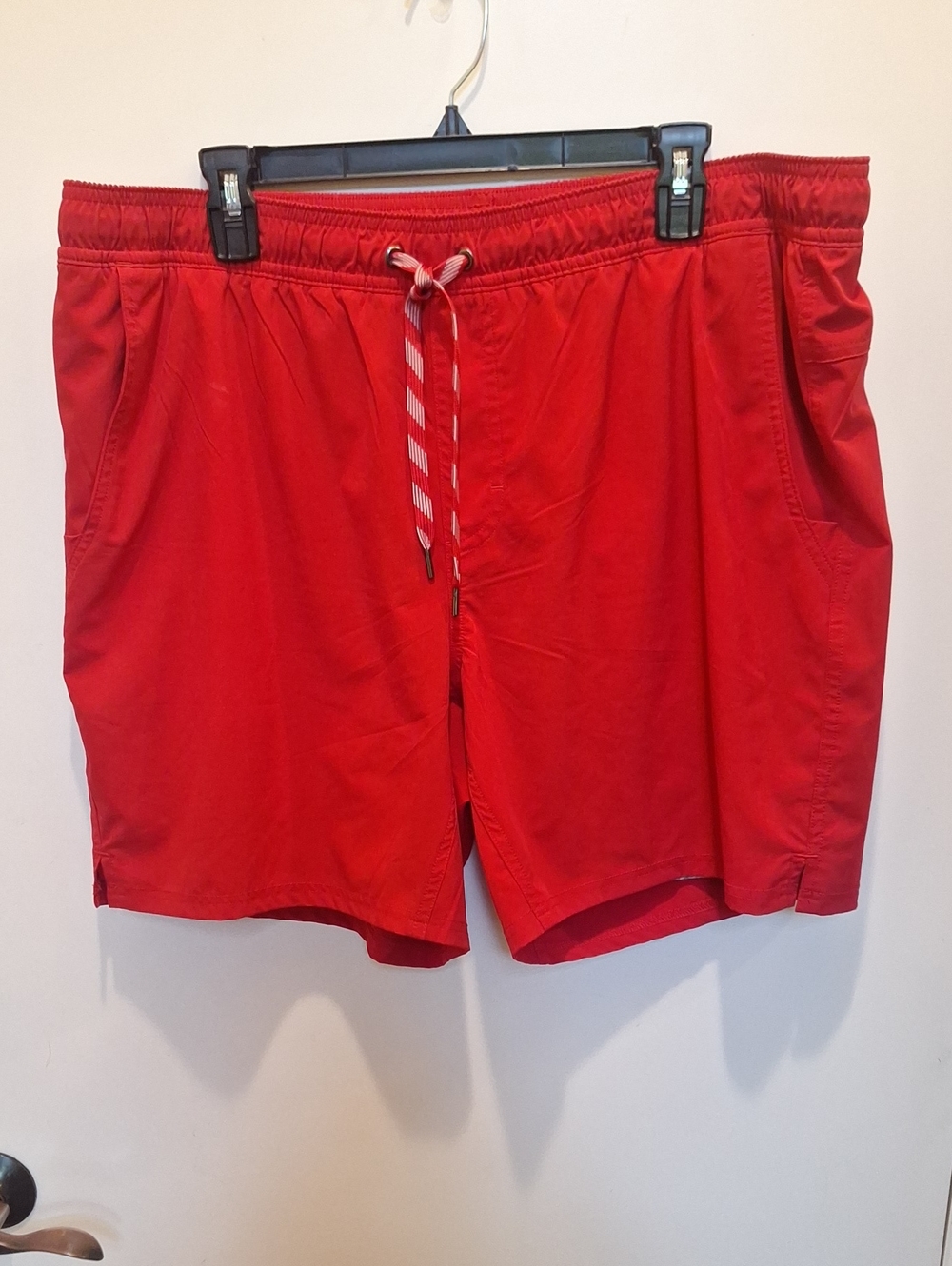 Red Men's Swim Trunks with Striped Drawstring